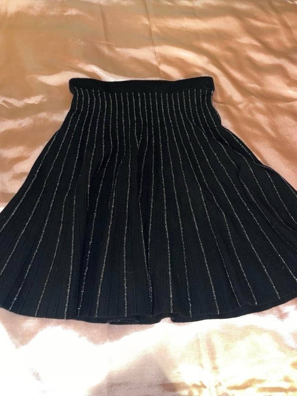 Black Knit Skater Skirt with Metallic Pinstripes